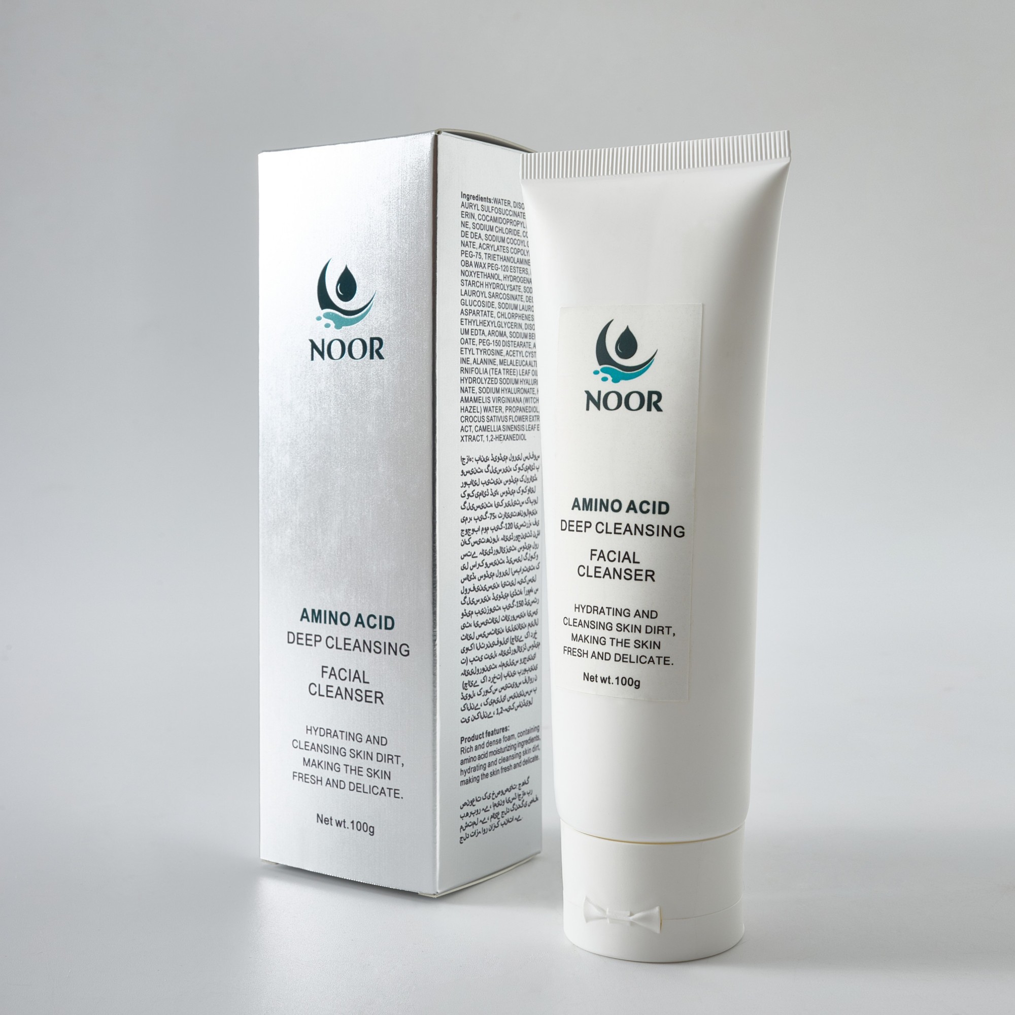 NOOR Amino Acid Deep Cleansing Facial Cleanser with its silver box