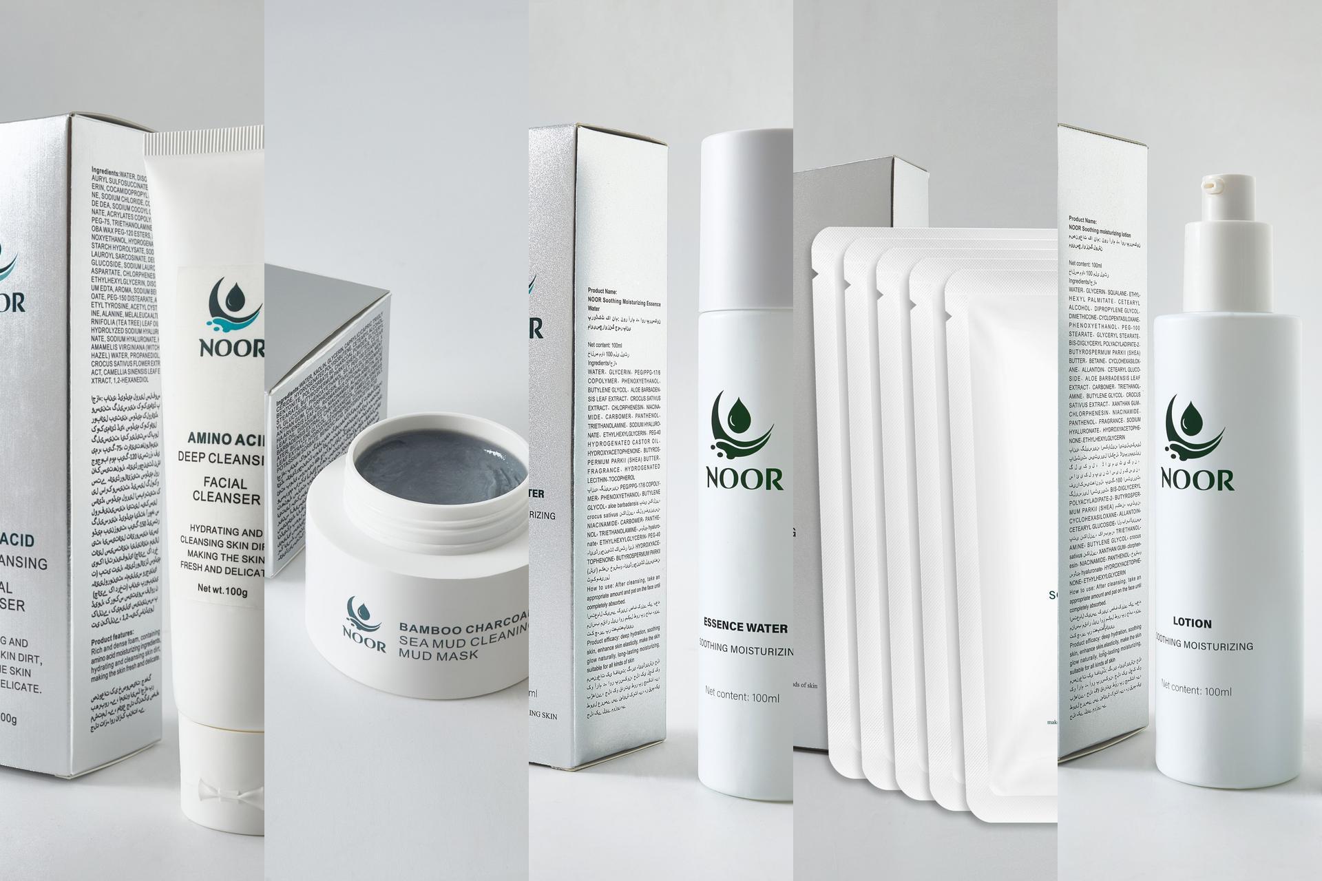 NOOR product catalogue with the five skincare products arranged as a collection