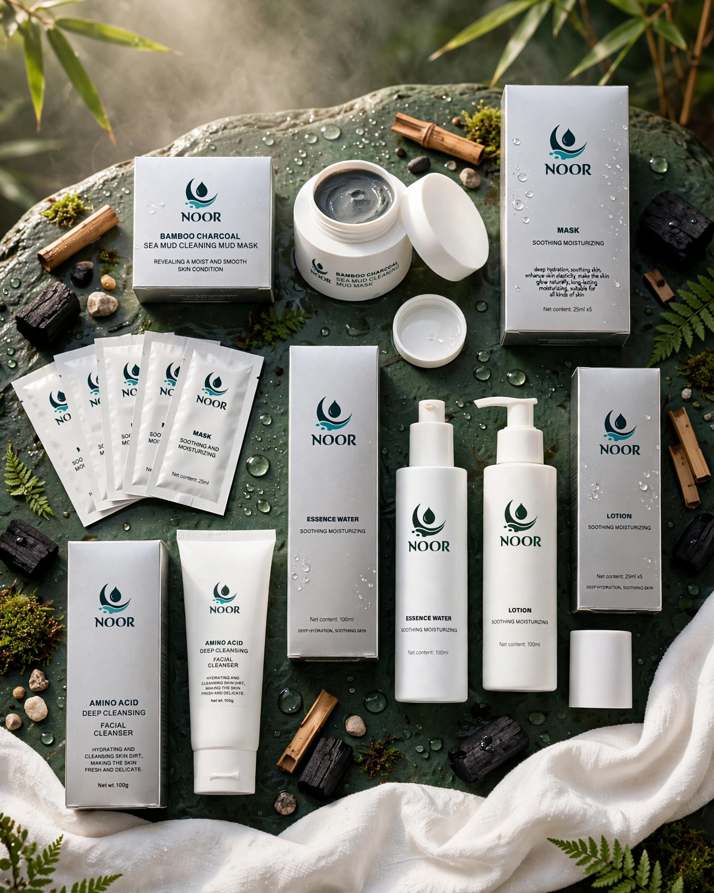 NOOR five-step skincare ritual arranged on dark green stone with water and bamboo charcoal