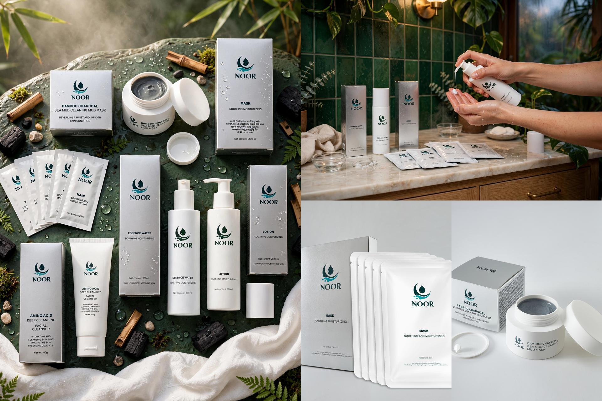 NOOR campaign lookbook featuring the full skincare collection