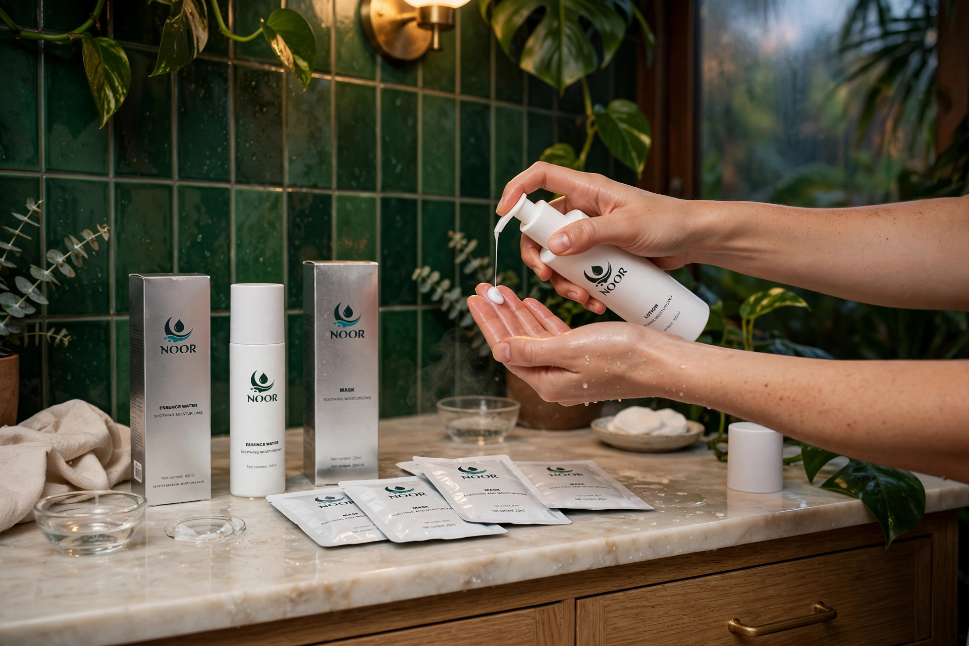 Hands performing an evening NOOR skincare routine at a green tiled vanity