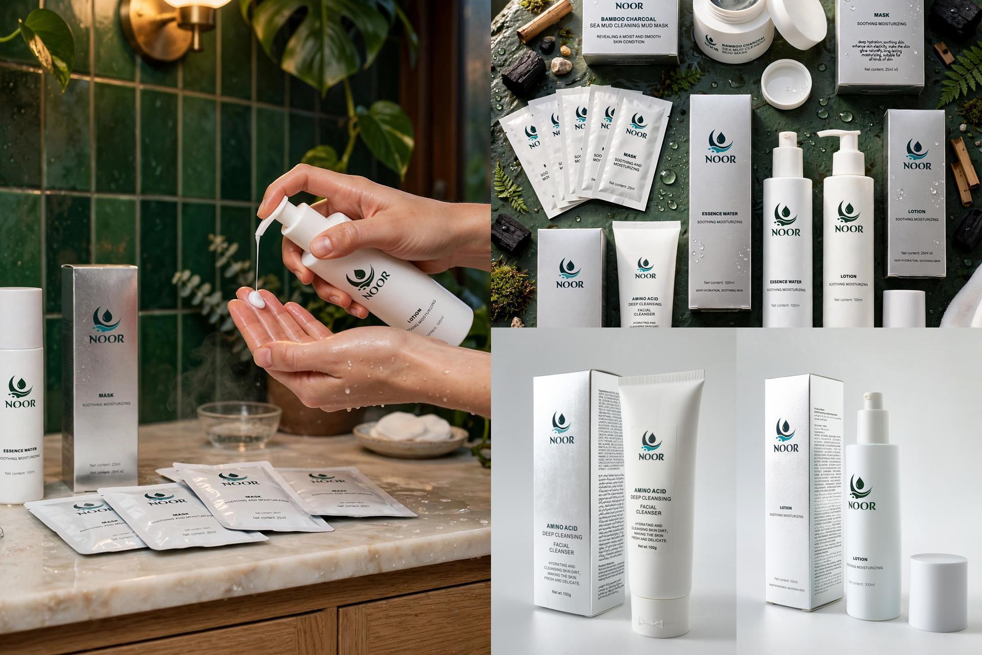 NOOR brand story catalogue showing skincare products and ritual imagery